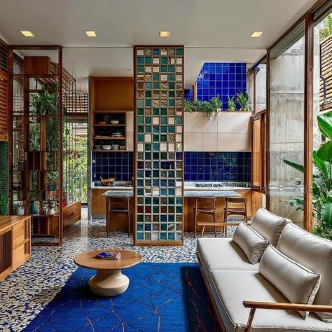 Blue House Interior, Tile Interior Design, Interior Design Blue, Vibrant Interior Design, Space Interior Design, Tile House, Blue Interior Design, Cool House, House Interior Living Room