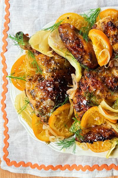 Orange Chicken Roast with Fennel and Shallots Fennel Chicken, Chicken Fennel, Dinner Centerpieces, Chicken Roast, Spatchcock Chicken, Roasted Fennel, Easy To Make Dinners, Festive Dinner, Orange Chicken