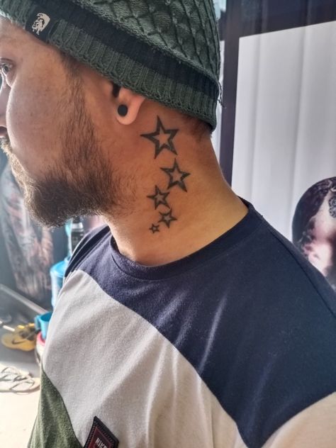 Star Tattoos Neck, Star Neck Tattoo For Men, Side Of The Neck Tattoos For Men, Stars On Neck Tattoo, Stars Neck Tattoo, Stars Behind Ear Tattoo, Star Tattoo Behind Ear, Star Face Tattoo, Star Tattoos Behind Ear