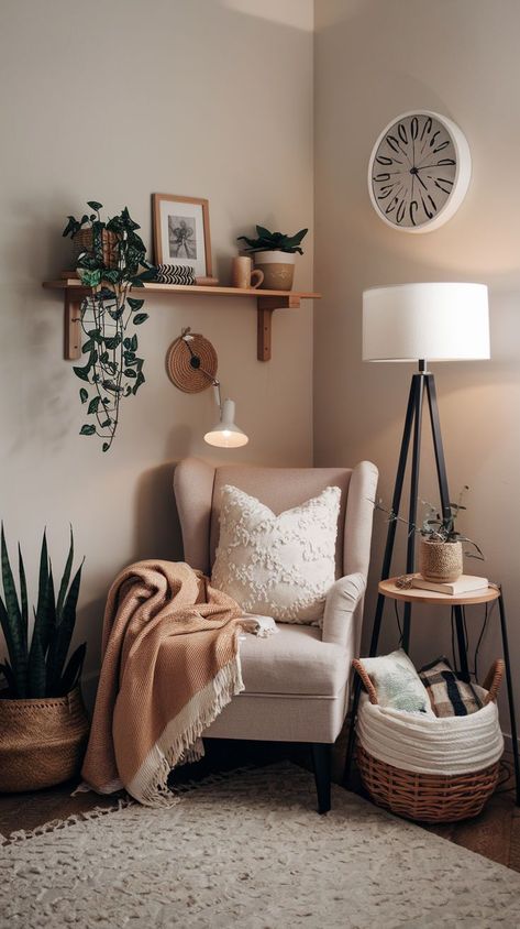 Boho Living Room Corner Decor, Decor Behind Chair In Corner, Home Cozy Decor, Apartment Extra Room Ideas, Relaxation Corner In Bedroom, Mini Reading Nook, At Home Reading Nook, Living Room Decor Corner Ideas, Reading Office Room