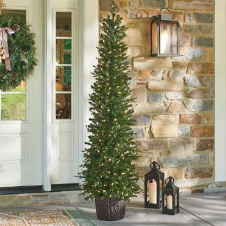 Pre-lit Porch Pencil Tree Porch Topiary, Exterior Christmas Decorations, Best Artificial Christmas Trees, Pencil Tree, Patio Trees, Fake Christmas Trees, Faux Christmas Trees, Slim Tree, Slim Christmas Tree