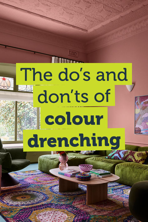 Colour drenching is all about going bold by detonating a single colour hue explosion across an entire room, hallway or house. In recent years, this style technique has become a popular trend amongst many an interior designer, but don’t go grabbing the paint brushes just yet. Read our guide to mastering this colourful trend.  #colourdrenching #painting #interiordesign One Colour Room Interiors, Interior Paint Finish Guide, Office Room Colors Wall Colours, Saturated Room Aesthetic, Whole Room Painted One Color Including Ceiling, Bold Coloured Living Room, Dressing Room Wall Decor, How Paint Changes Room Size, Open Concept Bold Paint Colors