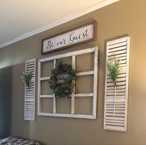 Giant Wall Clock Decor Living Rooms, Living Room Wall Collage Farmhouse, Old Shutter Decor Ideas, Window Shutters Decor Ideas, Shutters As Wall Decor, Shutter Interior Decor, Shutter Wall Decor Ideas Living Rooms, Shutter Decor Ideas Farmhouse Style, Diy Shutters Indoor Wall Decor