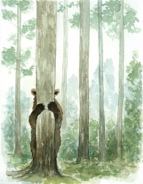 Drawing Forest Animals, Watercolor Painting Forest, Forest With Animals Drawing, Monochromatic Painting Watercolors, Forest Cottage Drawing, Watercolor Art Forest, Simple Forest Drawing, Bear Art Drawing, Forest Animals Drawing