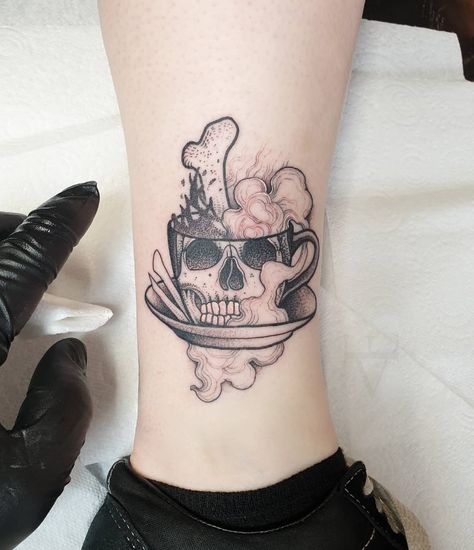 Skull Coffee Tattoo, Mug Tattoo, Linework Illustration, Cup Tattoo, Dad Tattoo, Coffee Tattoo, Coffee Tattoos, Skeleton Tattoos, Lil Black