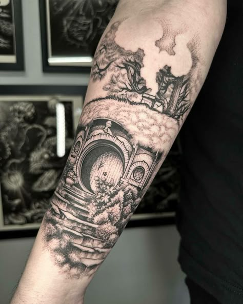 Lord Of The Rings Full Sleeve Tattoo, Lord Of The Rings Forearm Tattoo, Shire Tattoos, Lord Of The Rings Map Tattoo, Hobbit House Tattoo, Lord Of The Rings Sleeve Tattoo, Lotr Tattoo Sleeve, Frodo Tattoo, Rivendell Tattoo