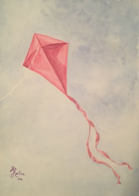 Drawing Kite Flying, Kite Watercolor Painting, Kite Designs Ideas Drawing, Red Kite Drawing, Layang Layang Aesthetic, Kite Drawing Illustrations, Kite Flying Drawing, Kite Aesthetics, Kites Aesthetic