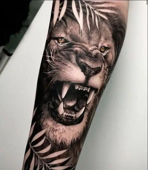 Lion Tattoo - 63+ Brilliant Lion Tattoos Designs And Ideas Jungle Tattoo, Tier Tattoo, Lion Tattoo Sleeves, Mens Lion Tattoo, Lion Head Tattoos, Lion Tattoo Design, Head Tattoos, Tiger Tattoo, Realism Tattoo