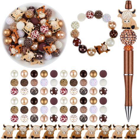 PRICES MAY VARY. Rich Bubblegum Beads Kit: there are 60 pieces of 20 mm bubblegum beads in 15 styles and 10 pieces of cow beads in the package, and the round beads include rhinestone beads, popcorn beads, and more, which are rich and varied to meet your DIY craft requirements Brown cow Theme: these bubble gum beads are mainly brown in color, and cute and funny cartoon cow shaped silicone focal beads are also included, rich in styles, you can choose the style or color of beads to create different Beading Business, Loose Bracelet, Chain Crafts, Cowboy Hat Design, Beads Kit, Beadable Pens, Beaded Pens, Cartoon Cow, Brown Cow