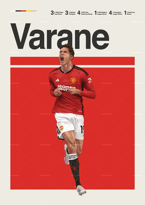 Raphael Varane poster featuring a mid century modern design style. The high-quality print showcases a beautiful digital drawing of Raphael Varane. Perfect for any Manchester United fan looking to add some flair to their living space. Man United Poster, Football Vintage Poster, Man Of The Match Poster Football, Brasil Football, Football Match Poster Design, Football Match Poster Design Template, Manchester United Poster, Soccer Posters, Manchester United Art