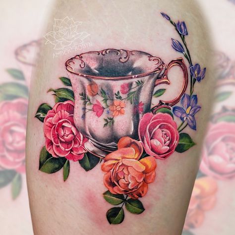 Teacup And Bird Tattoo, Tea Cup Tattoo Ideas, Teacup Tattoo Vintage, Cup Of Tea Tattoo, Tea Cup Tattoo, Teapot Tattoo, Elephant Family Tattoo, Tea Tattoo, Teacup Tattoo