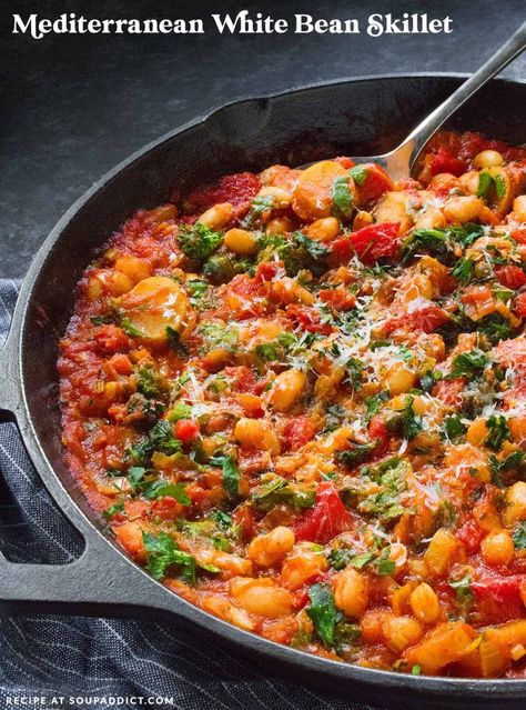 White Bean Skillet Recipes, Mediterranean Beans Recipe, Tuscan Bean Skillet, White Beans And Shrimp, White Bean Mediterranean Recipes, Cauliflower And Beans Recipe, Summer Mediterranean Diet Recipes, Mediterranean White Beans, Cannellini Beans And Tomatoes