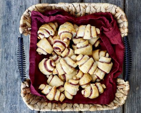 Chocolate-Raspberry Walnut Rugelach | Simmer + Sauce Raspberry Rugelach Recipe, Raspberry Rugelach, Rosh Hashanah Desserts, Rugelach Cookies, Rugelach Recipe, Pastry Crust, Family Eating, Fruit Jam, Jewish Recipes