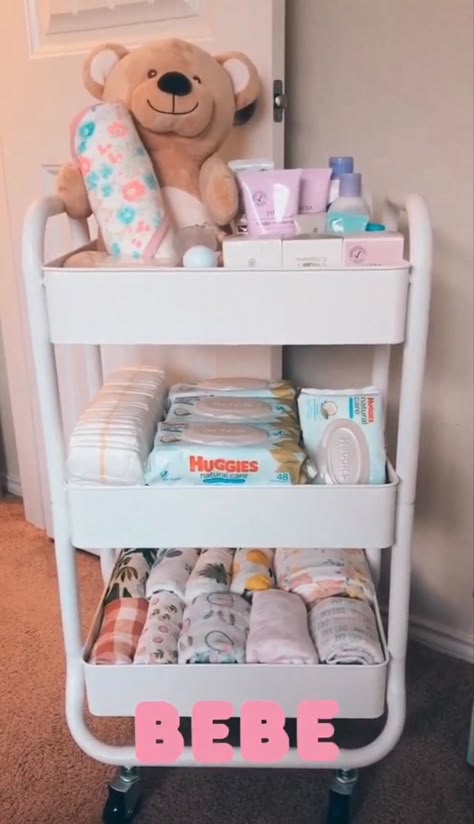 Baby Carts Organization, Nursery Cart Essentials, Reborn Nursery Ideas, Bedside Nursery Cart Essentials, Baby Set Up In Parents Room, Muebles Para Bebes Ideas, Baby Bottle Storage Udeas, Baby Cart, Baby Nursery Organization