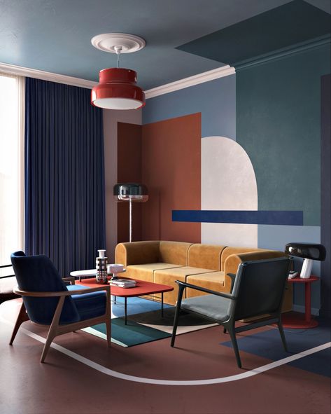 INTERIOR TRENDS Color blocking decor ideas to forget about white walls Retro Interior Design, Art Deco Interior Design, Retro Living Rooms, Retro Interior, Interior Deco, Retro Home Decor, Art Deco Interior, A Living Room, Retro Home