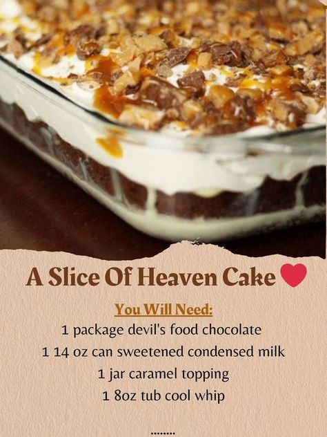 Mom's Favorite Recipes Slice Of Heaven Cake, Snickers Poke Cake, Heaven Cake, German Chocolate Cake Mix, Martha Stewart Recipes, Poke Cake Recipes, Points Recipes, Food Chocolate, Slice Of Heaven