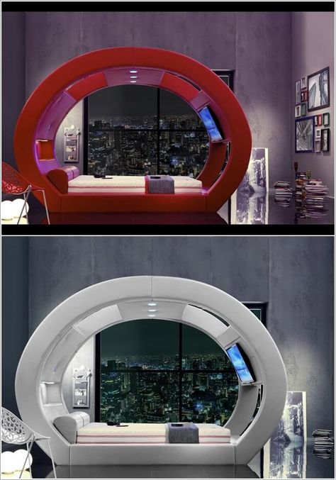 Cool Bed Designs, Sci Fi Bedroom, Futuristic Bedroom, Cool Bed, Space Themed Room, Floating Bed Frame, Hidden Bed, Smart Bed, Bedroom Design Inspiration