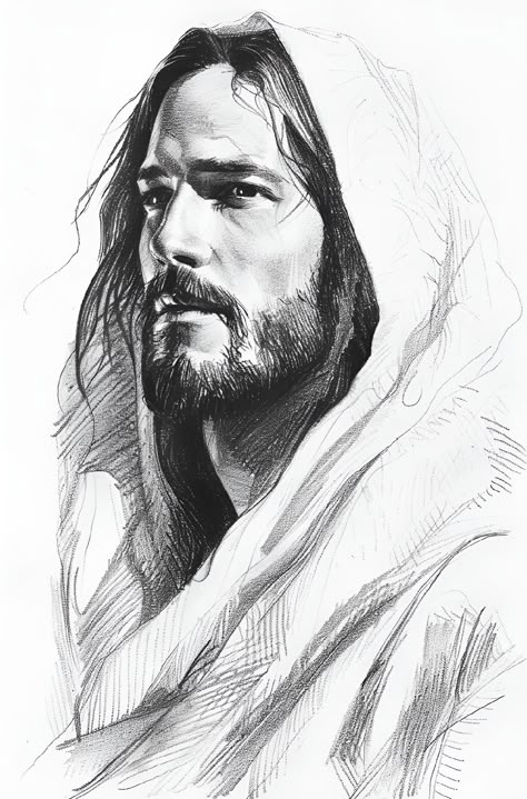 Christian Pencil Drawings, Hooded Cloak Drawing, Christian Drawings Pencil, Long Hair Man Drawing, Peace Drawing Ideas Paintings, Jesus Christ Black And White, Drawing Ideas Christian, Jesus Pencil Drawing, Peace Drawing Ideas