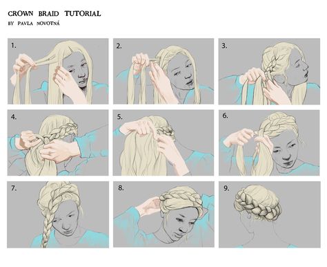 Crown braid tutorial drawn by Pavla Novotná. Dutch Braid Crown Tutorial, Queen Hairstyles Crown, Milkmaid Braid Tutorial, Hairstyles Crown, Crown Braid Tutorial, Queen Hairstyles, Dutch Braid Crown, Braid Crown Tutorial, Princess Braid