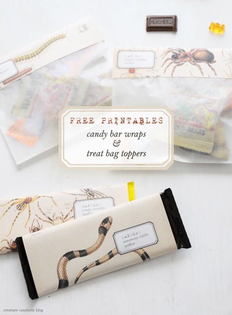 Free Printable Halloween Candy Bar Wraps and Treat Bag Toppers by Creature Comforts Spooky Printables, Halloween Candy Bar, Imprimibles Halloween, Free Printable Halloween, Treat Bag Toppers, Halloween Mason Jars, Halloween Printables Free, Handmade Charlotte, Diy Halloween Projects