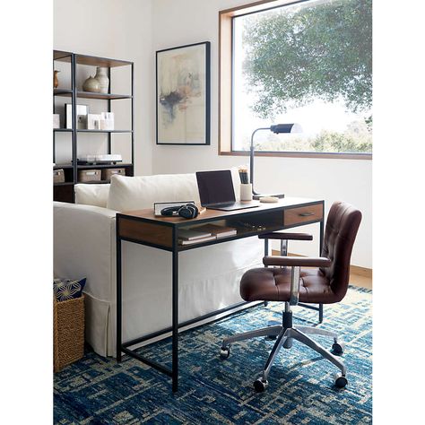 Knox Writing Desk + Reviews | Crate & Barrel Living Room Office Combo, Minimalistic Interior, Behind Couch, Desk In Living Room, Rug 9x12, Modern Home Office, Blue Hand, Home Office Design, Writing Desk