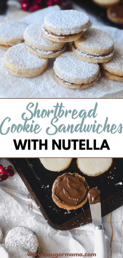 These Shortbread Cookie Sandwiches with Nutella have a soft and sweetened shortbread cookie with delicious Nutella filling! #nutella #cookie #christmascookies #dessert #desserts Nutella Sandwich, Cookie Sandwich Recipes, Buttery Shortbread Cookies, Nutella Cookies, Chocolate Hazelnut Spread, No Sugar Foods, Sandwich Cookies, Shortbread Cookies, Best Dessert Recipes