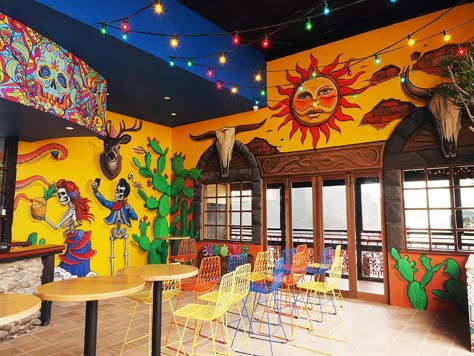 Mexican Bar Decor Ideas, Mexican Theme Restaurant Decor, Mexican Restaurant Design Exterior, Mexican Themed Restaurant, Traditional Mexican Color Palette, Mexican Theme Restaurant, Mexican Murals Restaurant, Mexican Restaurant Ideas, Mexican Bar Ideas