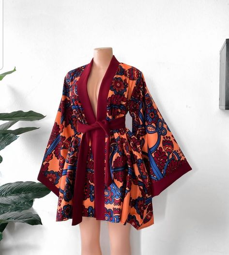 Gown Short Dress, Ankara Kimono Style, Ankara Kimono Jacket, Kimono Ankara, African Print Jacket, Kimono Styles, African Print Kimono, Bubu Gown, Ankara Kimono