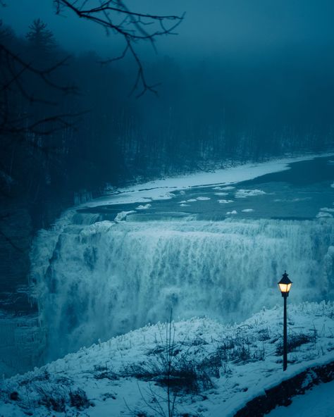 Middle Falls on a snowy winter night in  Letchworth State Park, New York Snowy Winter Night, Letchworth State Park, Rail Transport, Snowy Winter, Hotel Motel, Posters Framed, Winter Night, Image House, Shutter Speed