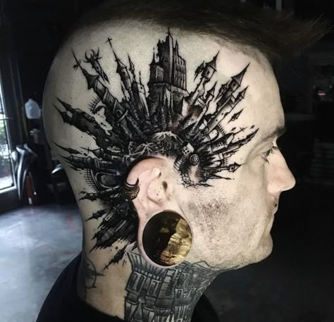 Full Head Tattoo, Head Tattoo Ideas, Face Tats, Tattoo Dark, Head Tattoo, Facial Tattoos, Head Tattoos, Face Tattoo, Black Work