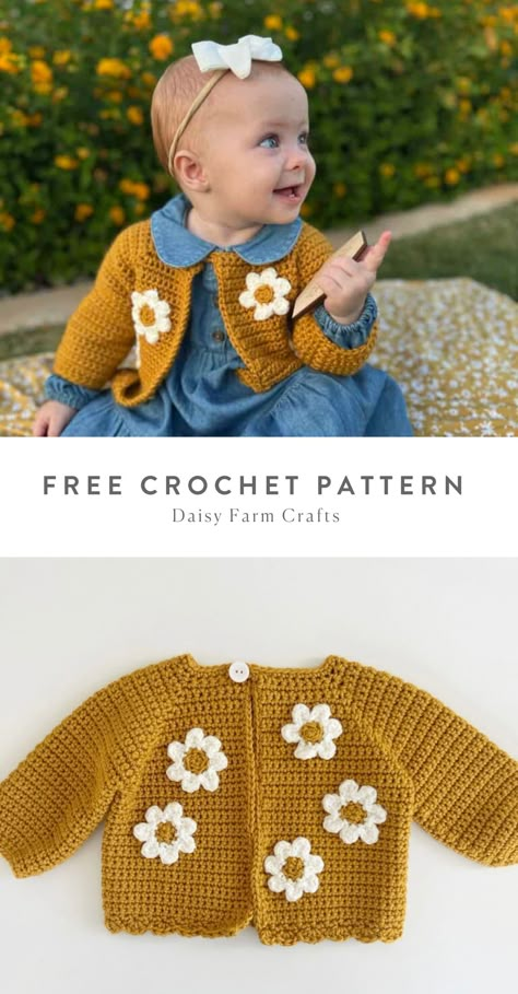 Crochet Daisy Sweater Pattern, Daisy Farm Crafts Crochet Baby Sweater, Knitting For Baby Girl, Crochet Bee Sweater, Crochet Patterns For Kids To Make, Free Baby Cardigan Crochet Pattern, Crochet Ideas For Baby Girl, Baby Clothes Crochet Pattern, Baby Crochet Clothes Patterns Free