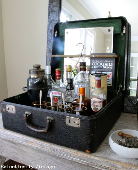 Vintage Suitcase Bar - one of the many vintage finds reimagined at kellyelko.com Vintage Suitcase Bar, Suitcase Bar, Bar Vintage, Old Suitcases, Vintage Suitcases, Vintage Suitcase, Vintage Luggage, Flea Market Finds, Vintage Barware