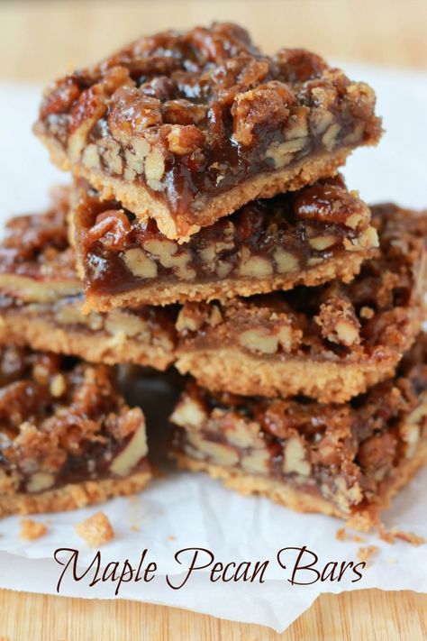 Gooey, buttery, flaky bars made with a brown sugar shortbread crust and a sticky maple pecan filling. No crust to roll out! Similar to pecan pie - but better. Maple Pecan Bars, Brown Sugar Shortbread, Pecan Filling, Maple Recipes, Pecan Bars, Shortbread Bars, Pecan Pie Bars, Maple Pecan, Shortbread Crust