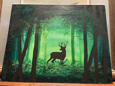 Deer Scenery Painting, Deer Painting Tutorial, Simple Deer Painting, Easy Forest Painting, Forest Painting Acrylic Easy, Dear Painting, Deer Silhouette Painting, Elephant Painting Canvas, Nature Paintings Acrylic