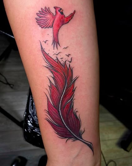 Cardinal Remembrance Tattoos, Cardinal Feather Tattoo Memorial, Red Feather Tattoo, Cardinal Feather Tattoo, Cardinal Tattoo Memorial, Parrot Tattoos, Red Cardinal Tattoos, Small Cardinal Tattoo, Grandfather Tattoo