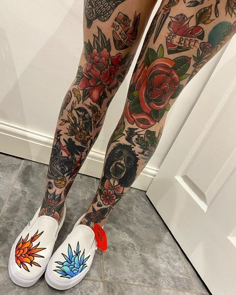 Unique Colorful Tattoos For Women, Colour Leg Sleeve Tattoo, Thigh Tattoos Color, Color Leg Tattoos, Leg Tattoos Color, Side Of Leg Tattoo, Dog Flower Tattoo, Red Flowers Tattoo, Traditional Dog Tattoo