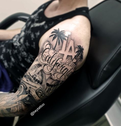 La Hand Tattoo, California Tattoo Sleeve, Los Angeles Tattoo Ideas, La Tattoos Ideas, Cali Tattoo, Hollywood Tattoo, Abstract Art Tattoo, Los Angeles Tattoo, California Tattoo