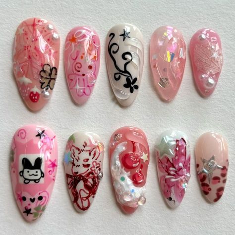 Shoujo Nails, Harajuku Nails, Inspired Nails, Pretty Gel Nails, Gem Nails, Dream Nails, Nails Inspo, 3d Nails, Nails Nailart