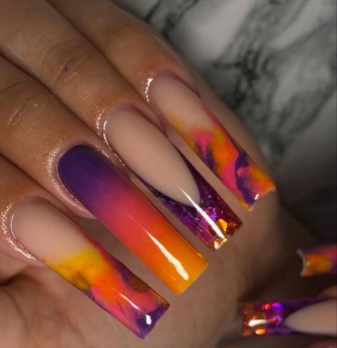 Purple And Orange Nails Ombre, Marble Colored Acrylic Nails, Orange Marble Ombre Nails, Orange And Purple Marble Nails, Red And Purple Acrylic Nails Designs, Blue And Orange Marble Nails, Red Orange Nail Designs Summer, Plum And Orange Nails, Orange And Lavender Nails