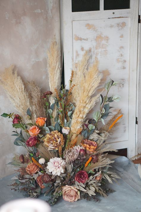 Ground Arrangement,artificial Flowers ,beige Pampas, Wedding Centerpiece Boho Rustic Wedding Decor - Etsy Dried Floral Storage, Western Floral Centerpieces, Magenta Fall Wedding, Rustic Modern Wedding Decor, Western Floral Arrangements, Rustic Wedding Table Centerpieces, Fall Boho Wedding Decor, Wedding Centerpiece Boho, Dried Flower Wedding Decor