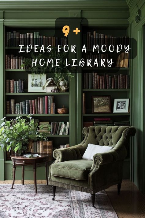 Want a home library with dark, moody vibes? These 9 inspiring ideas combine rich colors, vintage furniture, and warm lighting to create the perfect space for book lovers. Add drama and comfort to your home with these stunning designs. Click now to explore all the ideas! 📚✨ #MoodyLibrary #HomeLibraryDesign #BookLoversParadise #InteriorInspo #VintageDecor #CozySpaces #LibraryGoals Mcgee And Co Library, Turn A Bedroom Into A Library, Green And Gold Library Room, Lord Of The Rings Library, Forest Green Bookcase, Dark Academic Library, Moody Home Library Ideas, Transitional Library Room, How To Style A Library