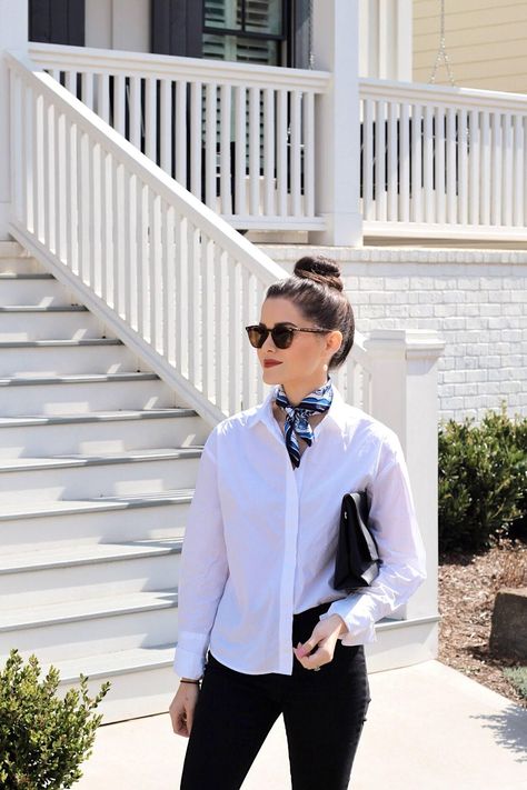 A luxurious silk tie scarf will stand out with any basic button down blouse Silk Scarf With Button Down Shirt, Elegant Things, Silk Scarf Style, Yacht Party, Spring Styles, White Shirt Blouse, Scarf Outfit, Scarf Style, Tie Scarf