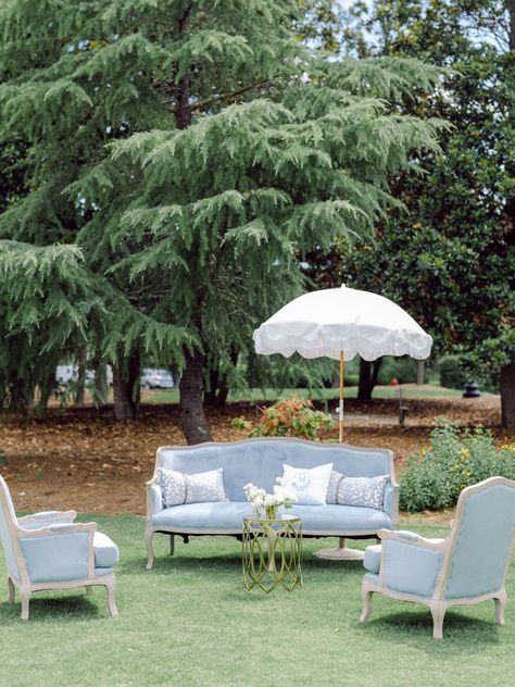 White Lounge Furniture, Fringe Umbrella, Wedding Blue And White, Wedding Lounge Seating, Wedding Lounge Area, Seating Arrangement Wedding, Parasol Wedding, Lake Keowee, White Lounge