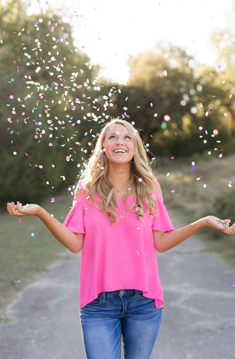 Senior Confetti Pictures, Blowing Confetti Picture, Glitter Senior Pictures, Confetti Picture Ideas, Senior Pictures With Confetti, Senior Picture Ideas Confetti, Senior Pictures With Bubbles, Confetti Cannon Photoshoot, Confetti Senior Pictures