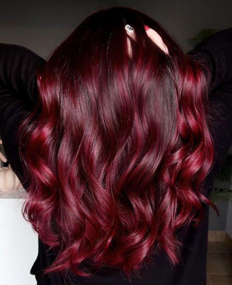 Feminine Shimmering Dark Red Hair Dark Red Hairstyles, Dark Red Balayage, Red Velvet Hair Color, Dark Red Hair Dye, Crimson Red Hair, Deep Red Hair Color, Red Purple Hair, Blood Red Hair, Dark Hair Dye