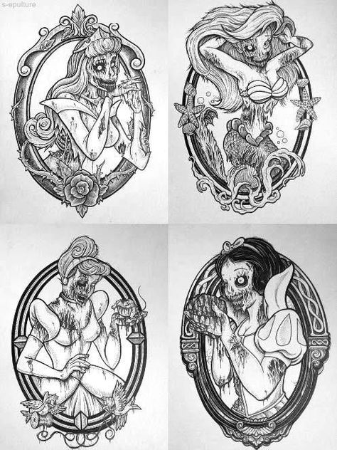 Disney Princess Zombie, Dark Disney Tattoo, Creepy Disney, Dark Disney Princess, Dark Disney Art, Zombie Princess, Disney Horror, Disney Princess Tattoo, Princess Tattoo