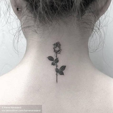 Single needle rose on the back of the neck. Tattoo Placement Hip, Town Tattoo, Small Nature Tattoo, Small Rib Tattoos, Couple Tattoos Love, Single Needle Tattoo, Small Tattoos With Meaning, Neck Tattoo For Guys, Small Tattoos Simple