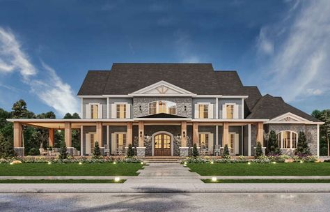 Large Country House Plans, 3 Story House Exterior, Large Farmhouse Plans, Front Porch House Plans, Formal Foyer, House With Front Porch, Brick Homes, Southern Style House Plans, Luxury Plan