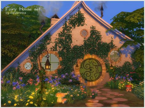 The Sims Resource - Fairy House set Sims 4 Hobbit House, Fairycore House, Design A House, Witch Hut, Fairy Bed, Hobbit Door, Fairy Castle, Sims 4 House Plans, Fantasy Background