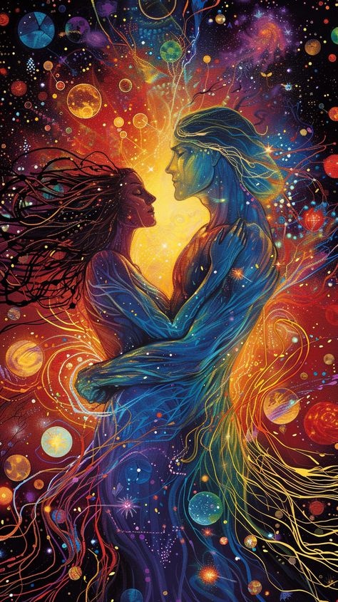 In the cosmic realm of celestial hues, where a soulmate love painting was etched, resided the spiritual couple; Divine Masculine - Orion and Divine Feminine - Seraphina. Enshrouded by the ethereal aesthetic, Orion embodied strength while Seraphina offered gentleness. They were heavenly halves of a divine whole, and their connection was foretold in the stars. The magical moment came on a dew-kissed dawn when their energies intertwined for the first time within the universe's ballet. Love Painting Wallpaper, Spiritual Couple, Wallpaper Spiritual, Pencil Art Love, Nerdy Chic, Zicxa Photos, Sacred Masculine, Twin Flame Art, Soulmate Love